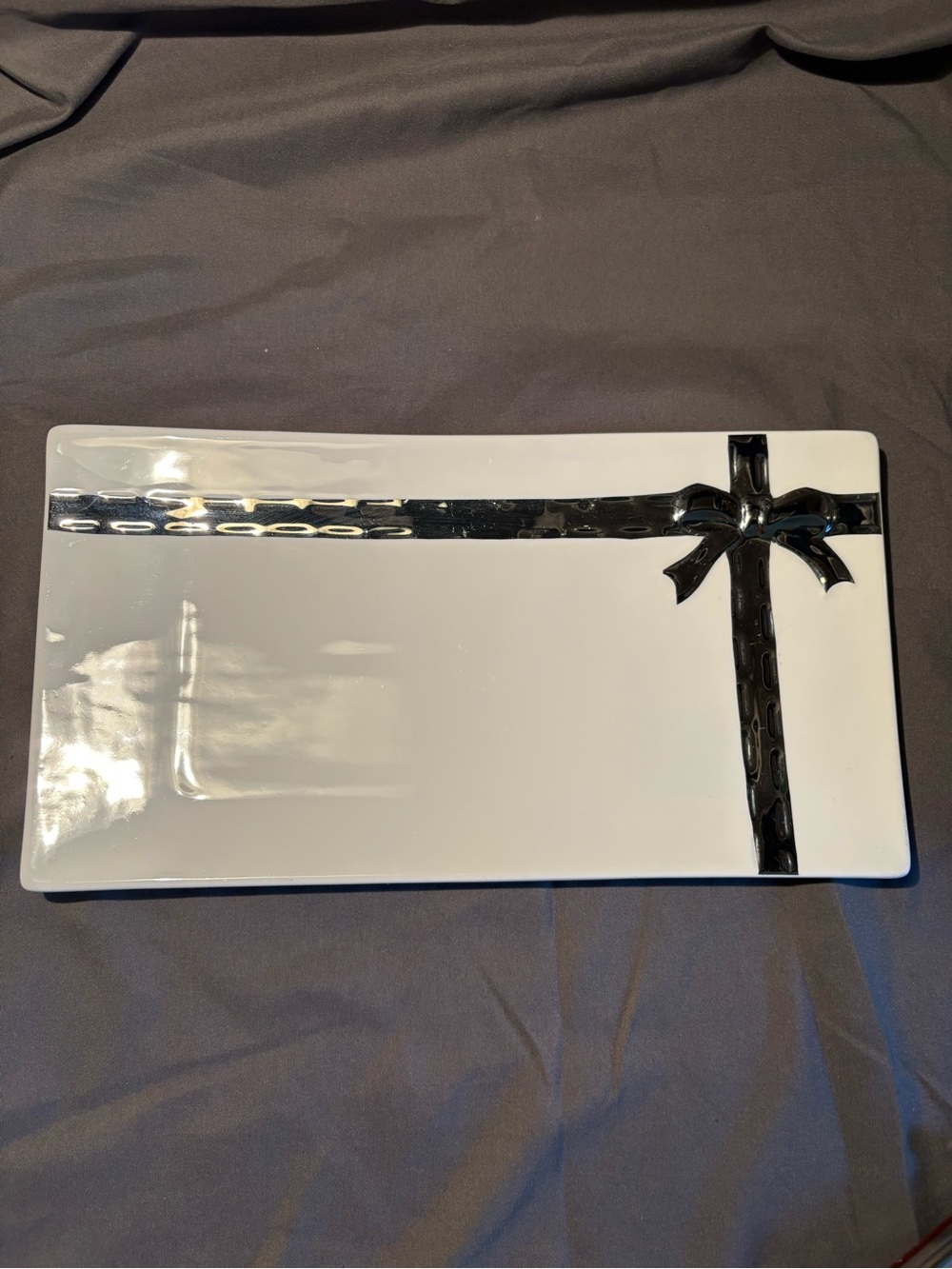 White Ceramic Serving Platter with Black Ribbon Accent